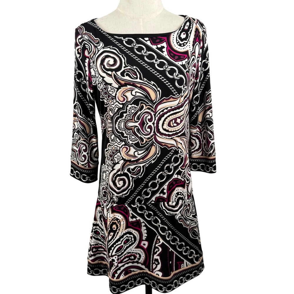 WHBM S Shift Dress Paisley Chain Link Baroque Boho Chic Retro Artsy Liquid Knit
